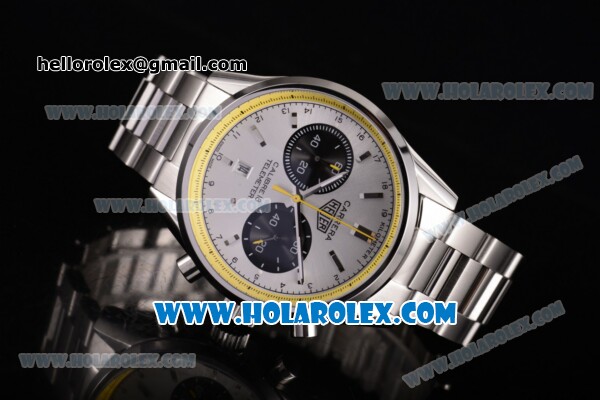 Tag Heuer Carrera Calibre 18 Chronograph Miyota Quartz Steel Case/Bracelet with Silver Dial and Stick Markers - Yellow Inner Bezel - Click Image to Close